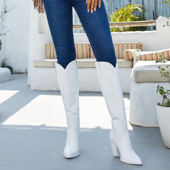 Country Cowboy cowgirl white knee high heels block boots - Picture 1 of 16